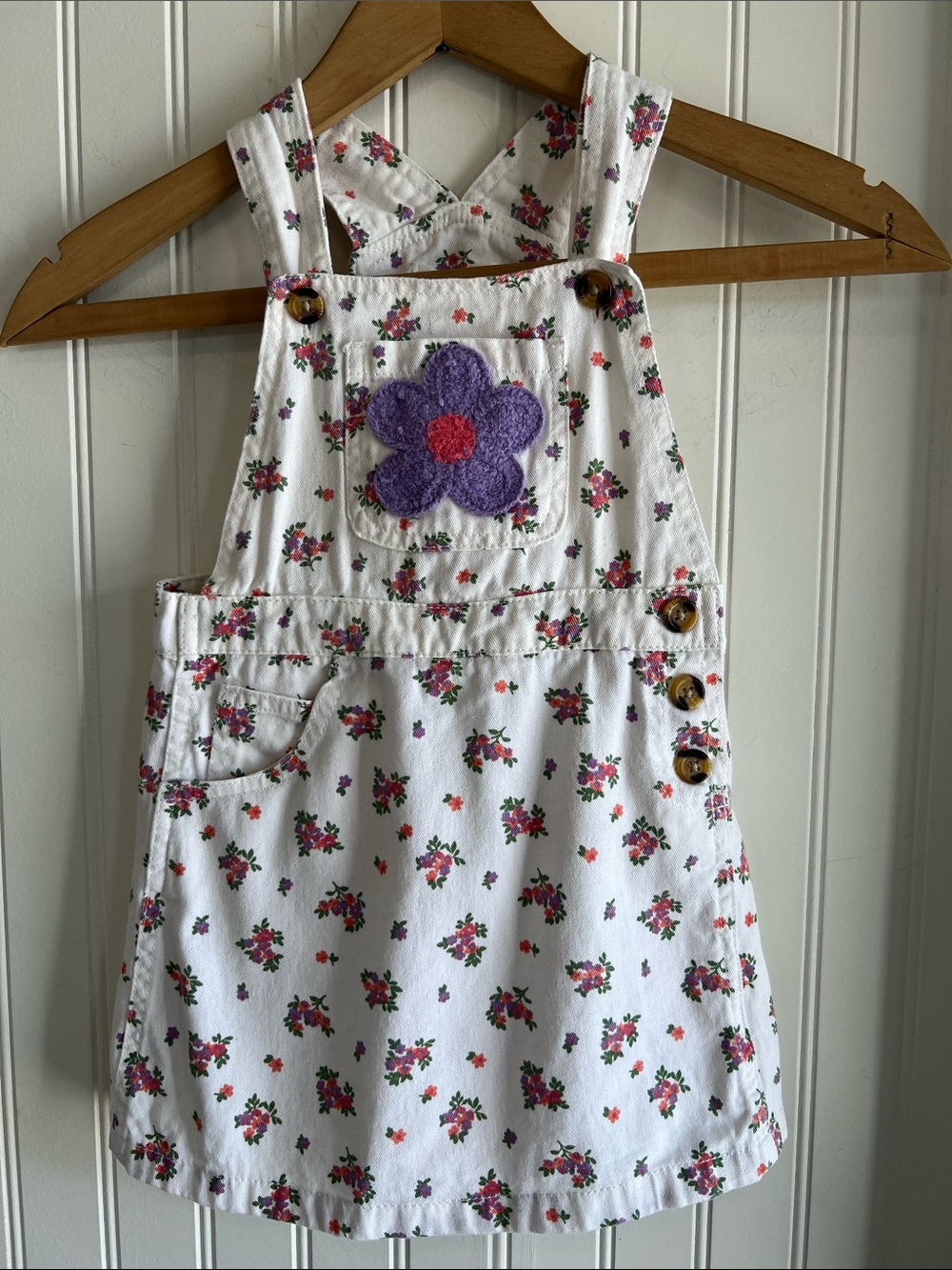 Nannette Floral Toddler Dress in White with Pink, Purple & Orange Blooms